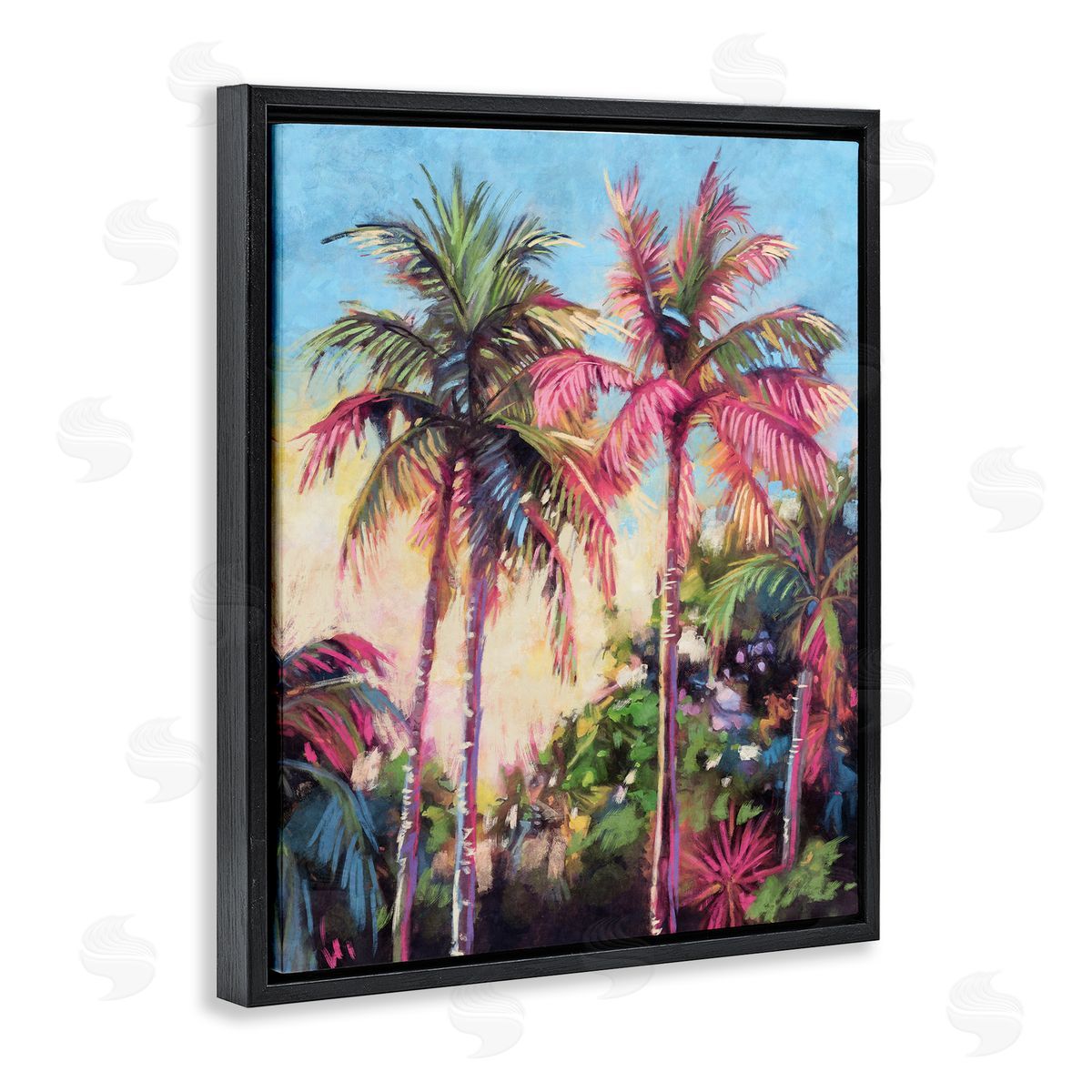 Nina Blue Tropical Palms Pink Details Black Floating Frame Canvas Wall Art Print