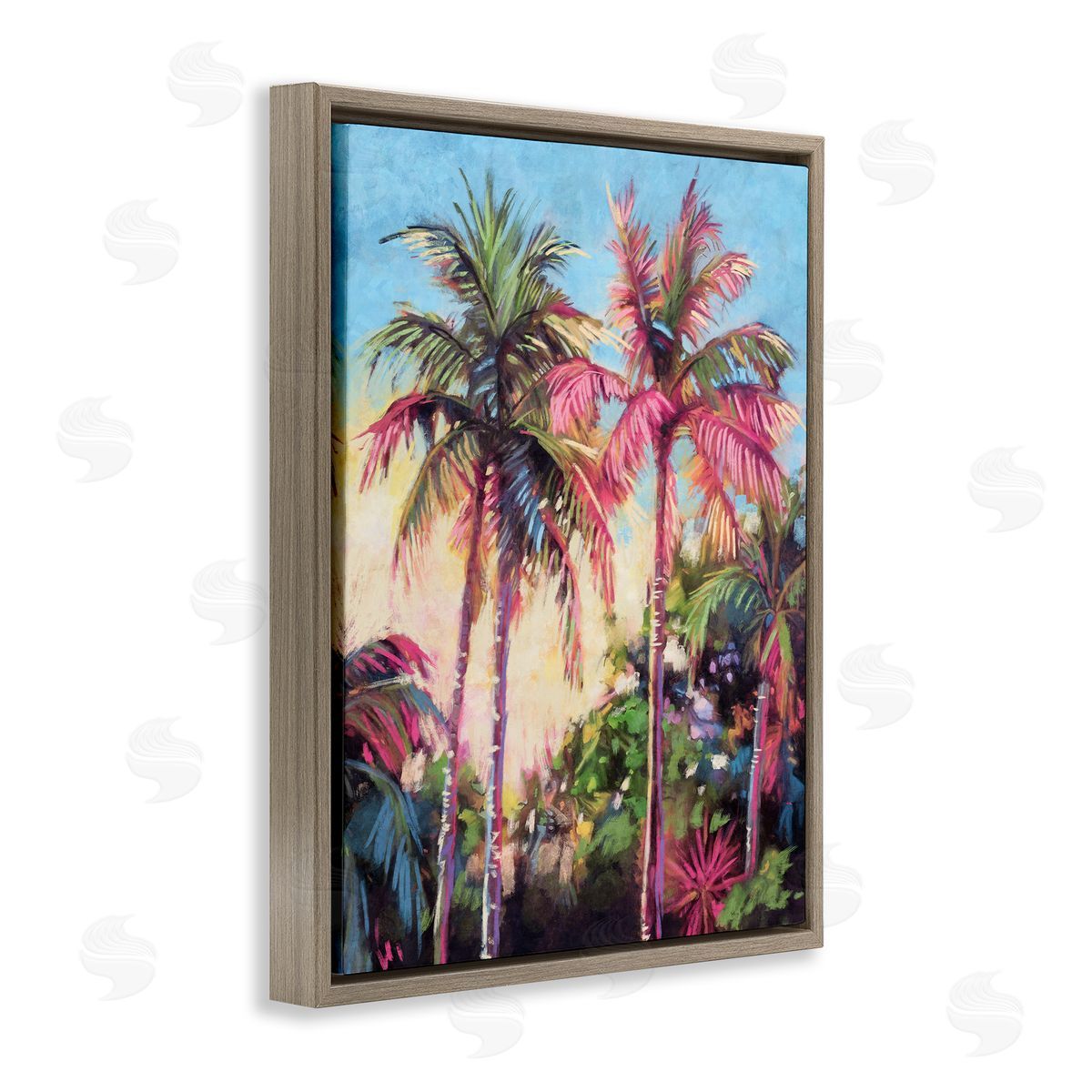 Nina Blue Tropical Palms Pink Details Brown Floating Frame Canvas Wall Art Print