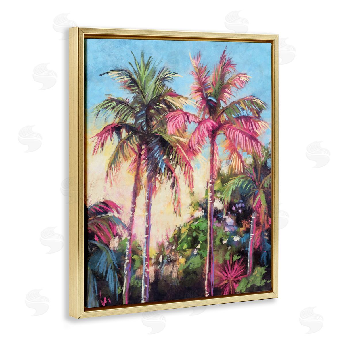Nina Blue Tropical Palms Pink Details Gold Floating Frame Canvas Wall Art Print