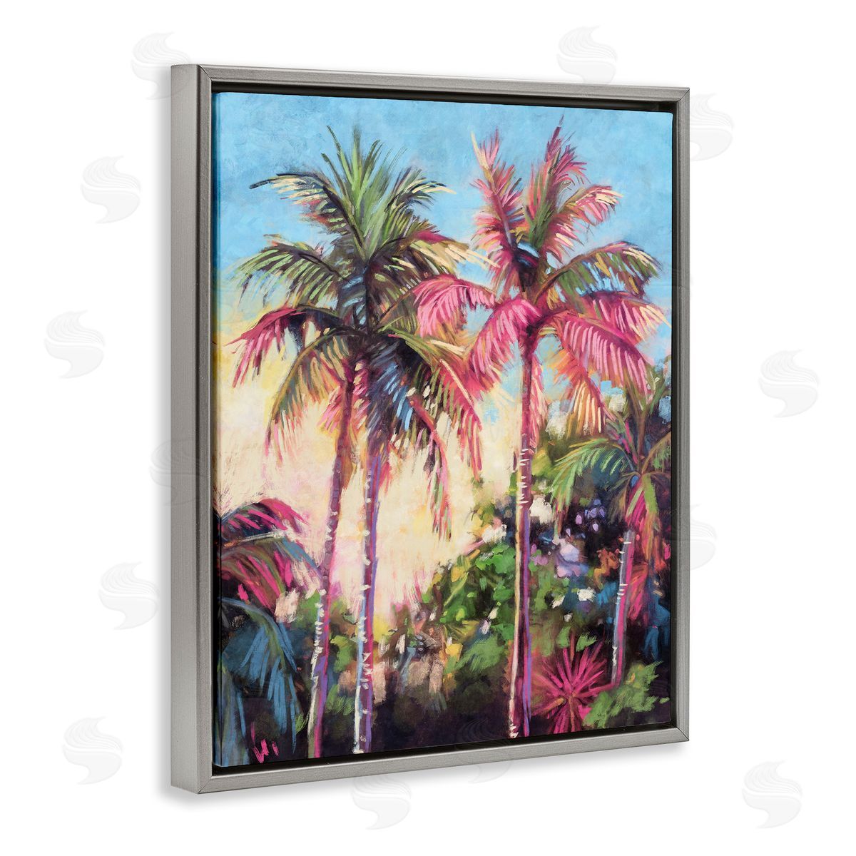 Nina Blue Tropical Palms Pink Details Gray Floating Frame Canvas Wall Art Print