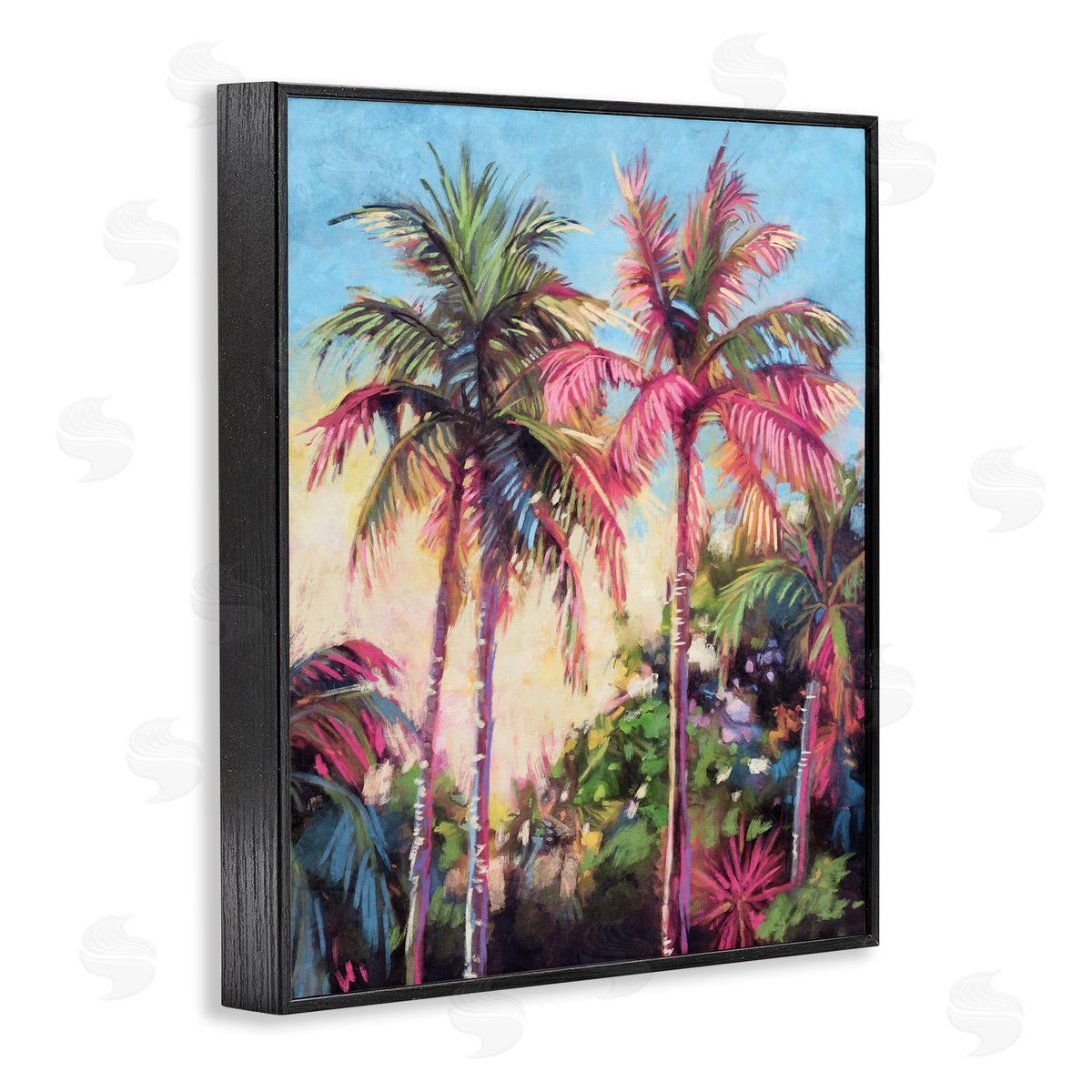 Nina Blue Tropical Palms Pink Details Black Framed Giclee Wall Art Print