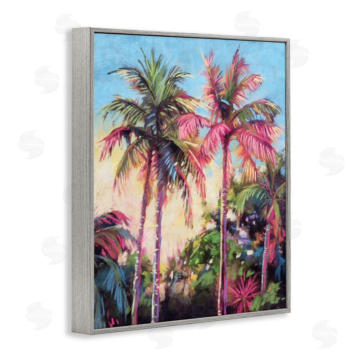 Nina Blue Tropical Palms Pink Details Gray Framed Giclee Wall Art Print
