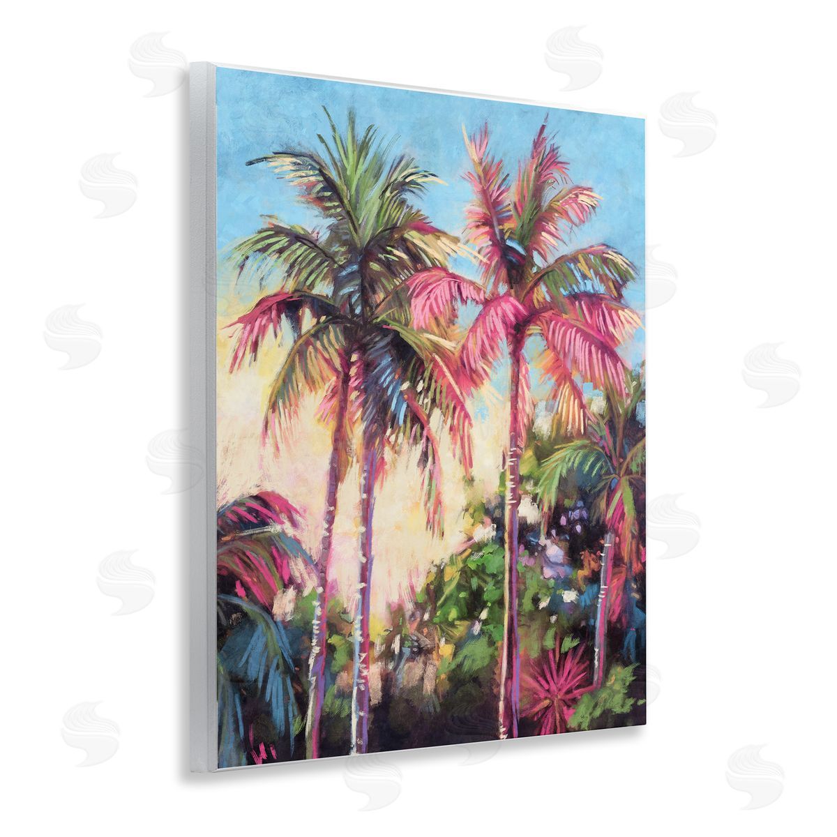 Nina Blue Tropical Palms Pink Details Wooden Wall Plaque Art Print
