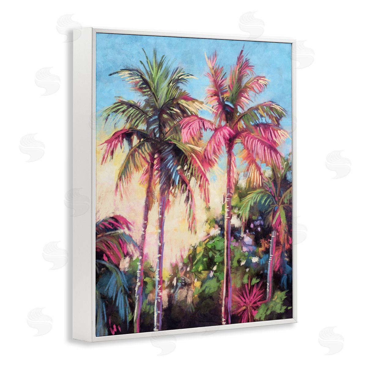 Nina Blue Tropical Palms Pink Details White Framed Giclee Wall Art Print
