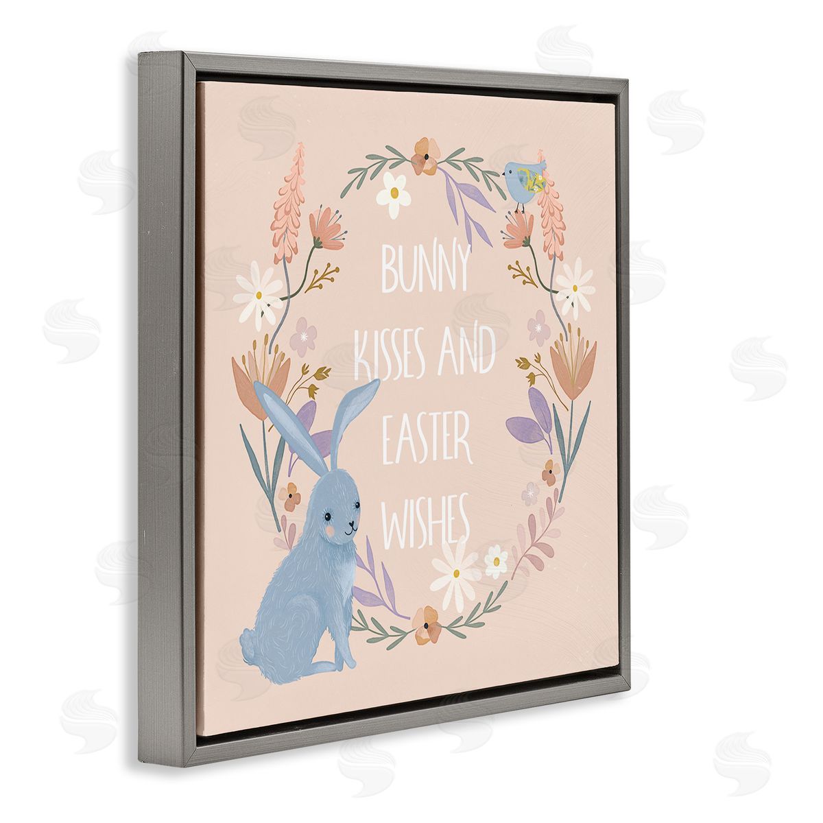 Nina Blue Bunny Kisses Easter Wishes Gray Floating Frame Canvas Wall Art Print
