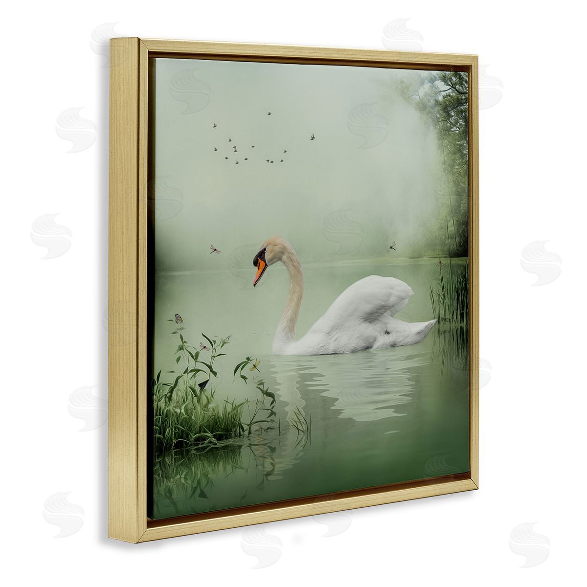 Kelley Parker Swan's Sanctuary Misty Lake Gold Floating Frame Canvas Wall Art Print