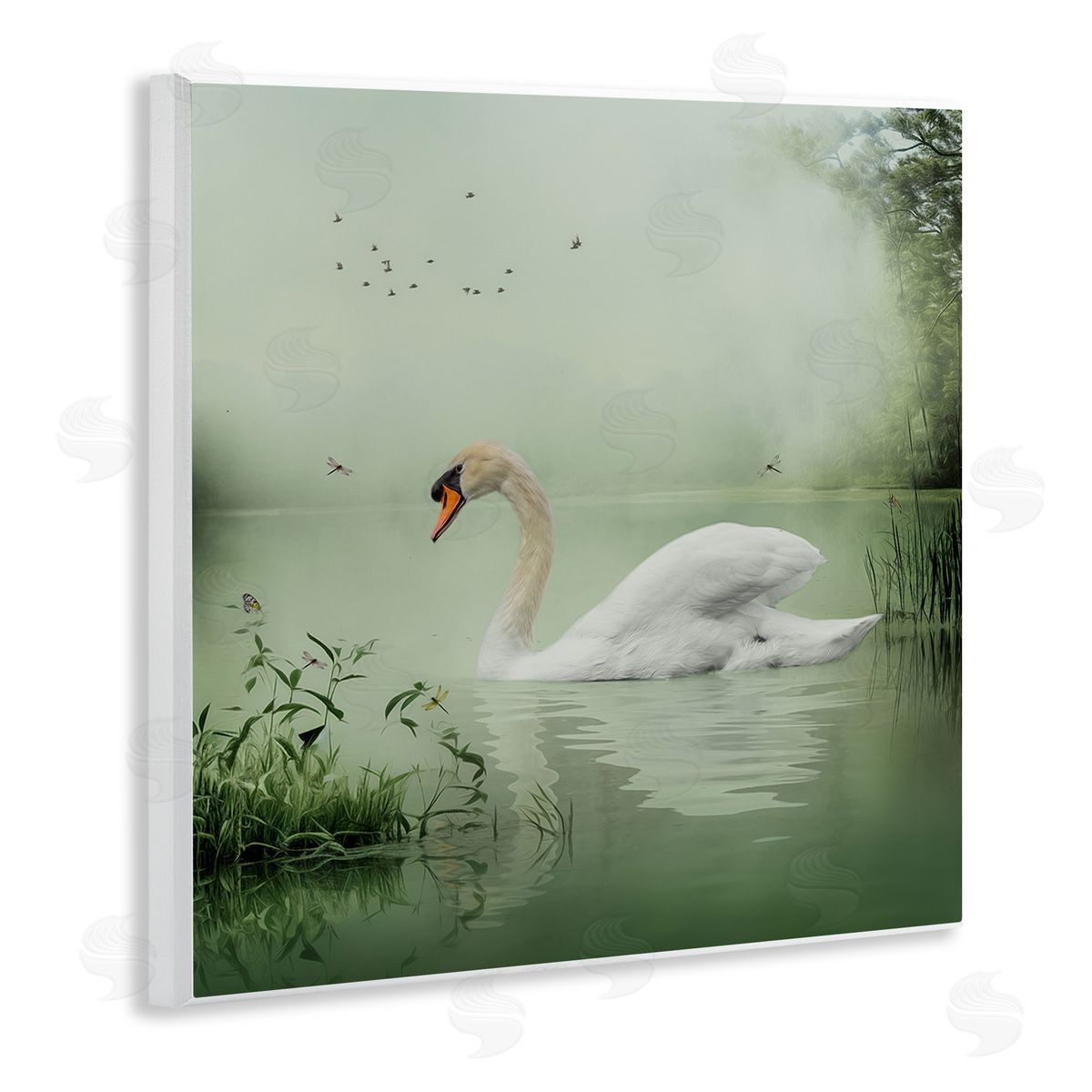 Kelley Parker Swan's Sanctuary Misty Lake Wooden Wall Plaque Art Print