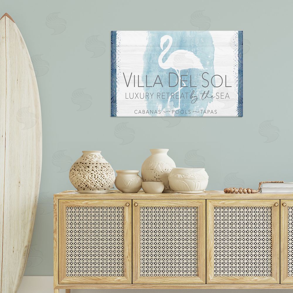 Fluidity/PDR LLC. Beach Retreat Flamingo Sign Canvas Wall Art Print in Room
