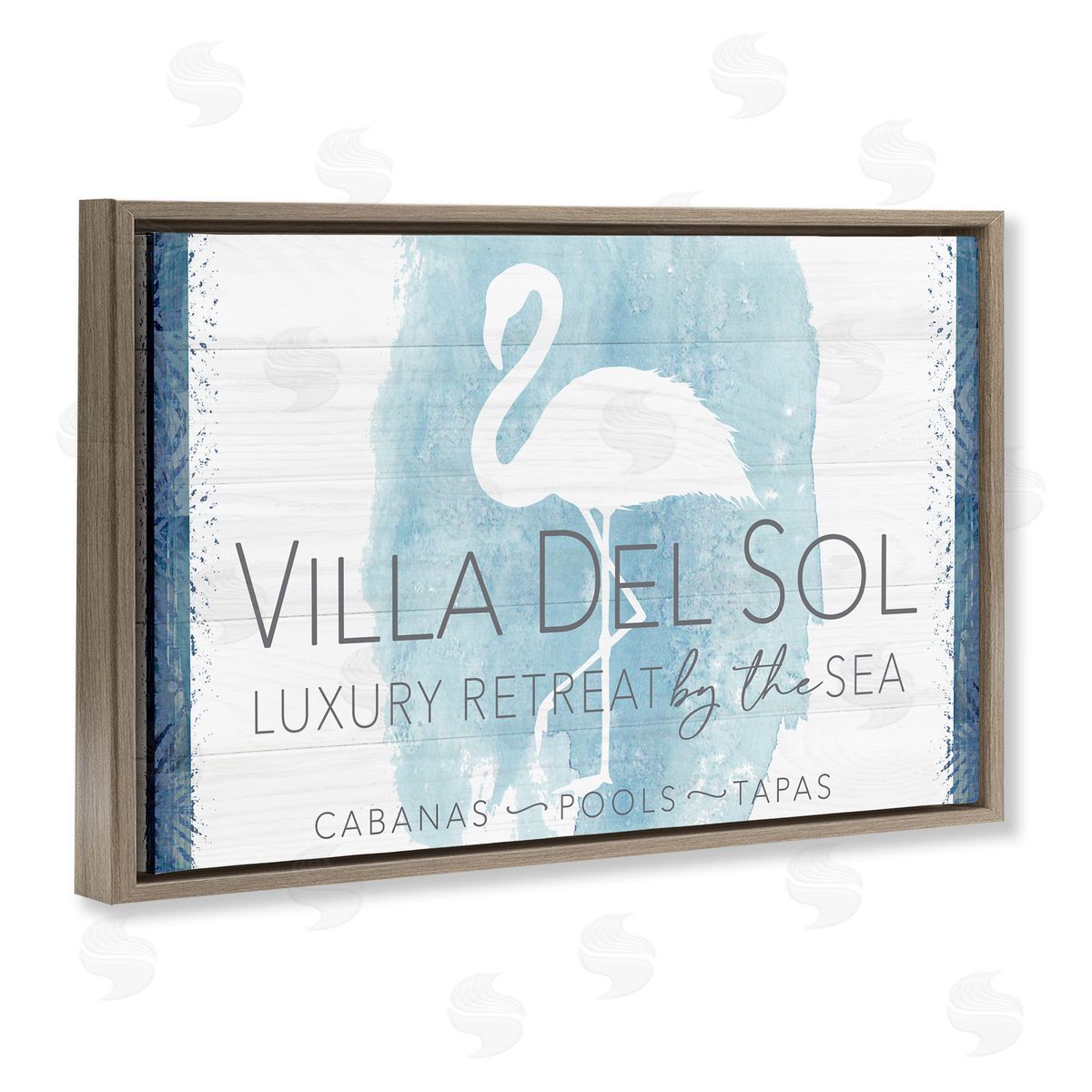 Fluidity/PDR LLC. Beach Retreat Flamingo Sign Brown Floating Frame Canvas Wall Art Print