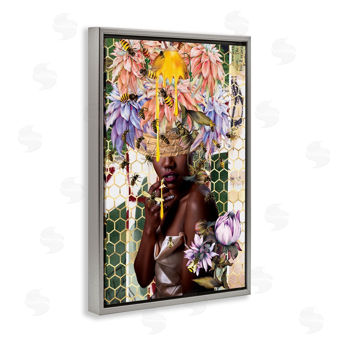Yvonne Coleman Burney Glam & Honeycomb Queen Bee Gray Floating Frame Canvas Wall Art Print