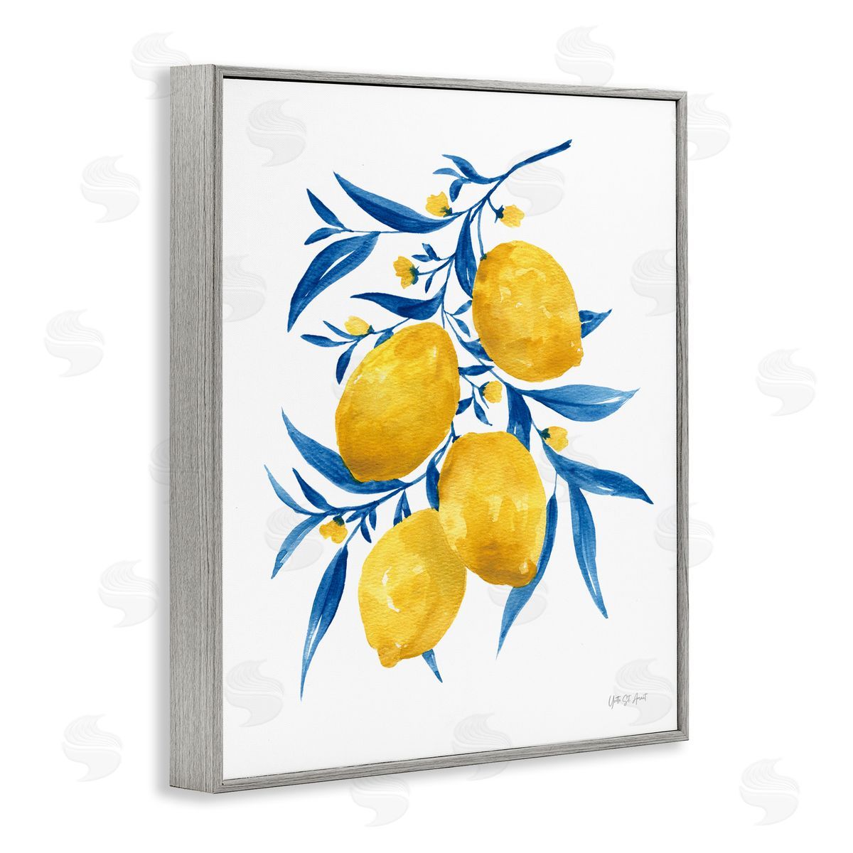 Yvette St. Amant Blue Leaf Lemons Gray Framed Giclee Wall Art Print