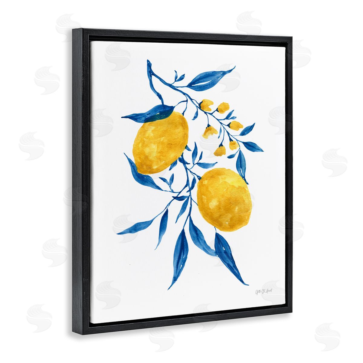 Yvette St. Amant Lemons with Blue Leaves Black Floating Frame Canvas Wall Art Print