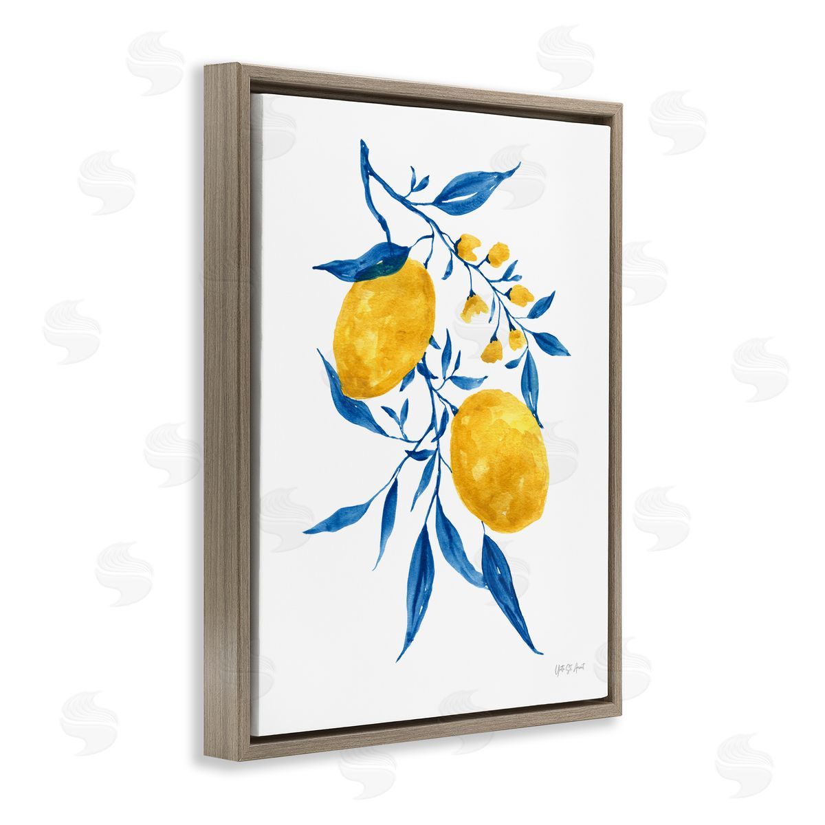 Yvette St. Amant Lemons with Blue Leaves Brown Floating Frame Canvas Wall Art Print