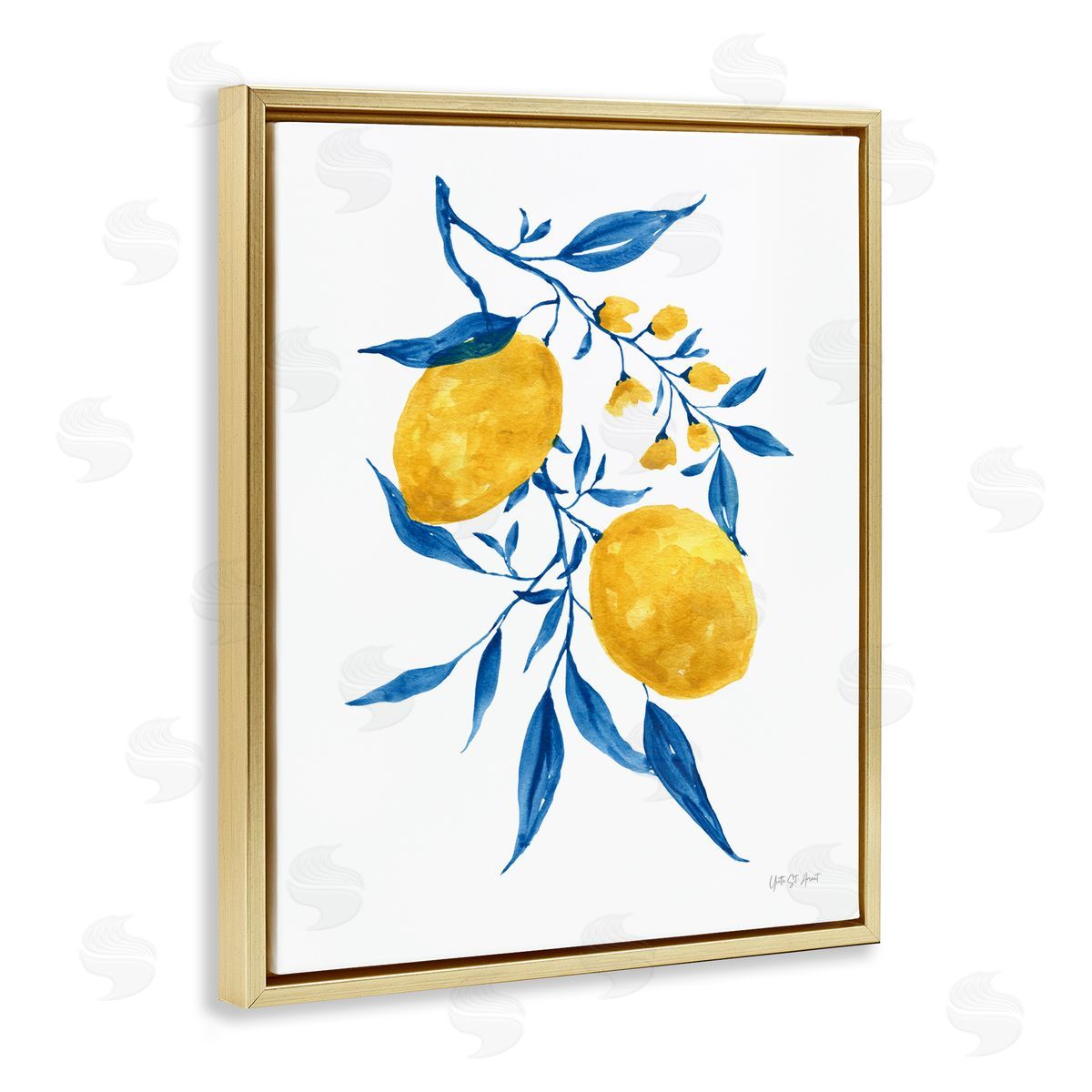 Yvette St. Amant Lemons with Blue Leaves Gold Floating Frame Canvas Wall Art Print