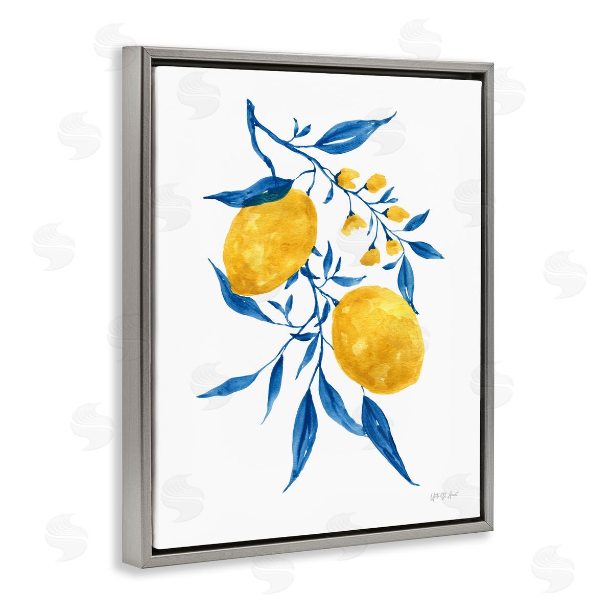 Yvette St. Amant Lemons with Blue Leaves Gray Floating Frame Canvas Wall Art Print