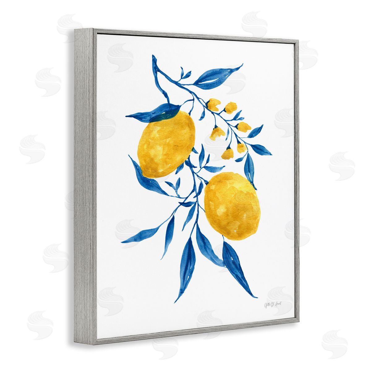 Yvette St. Amant Lemons with Blue Leaves Gray Framed Giclee Wall Art Print