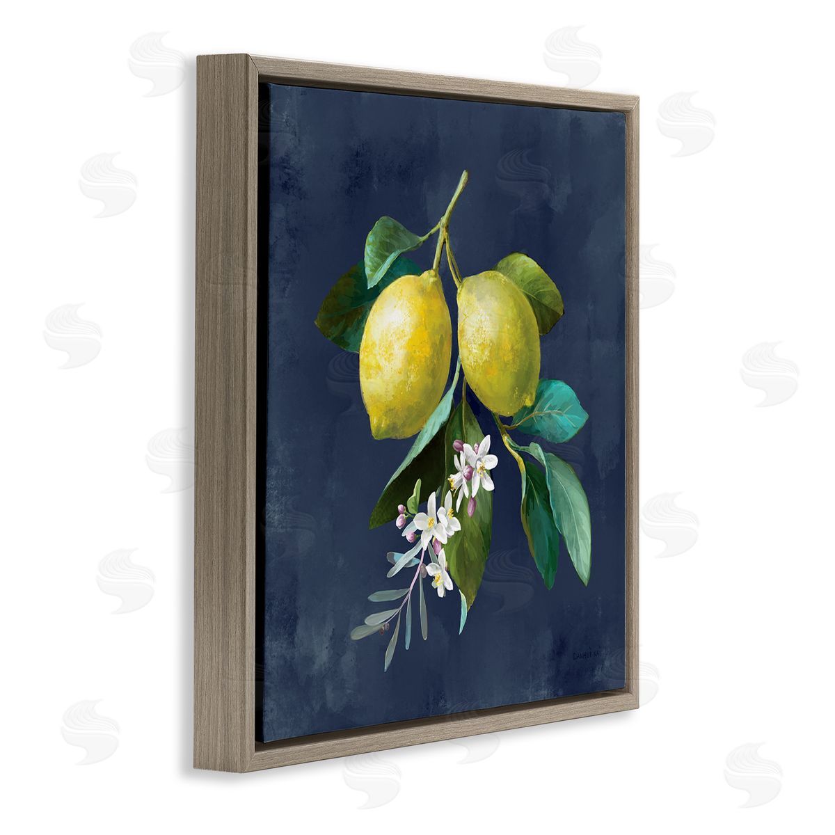 Danhui Nai Lemon Branches on Blue Brown Floating Frame Canvas Wall Art Print