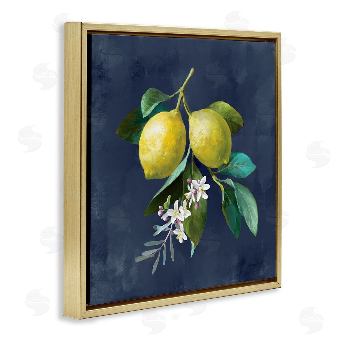 Danhui Nai Lemon Branches on Blue Gold Floating Frame Canvas Wall Art Print