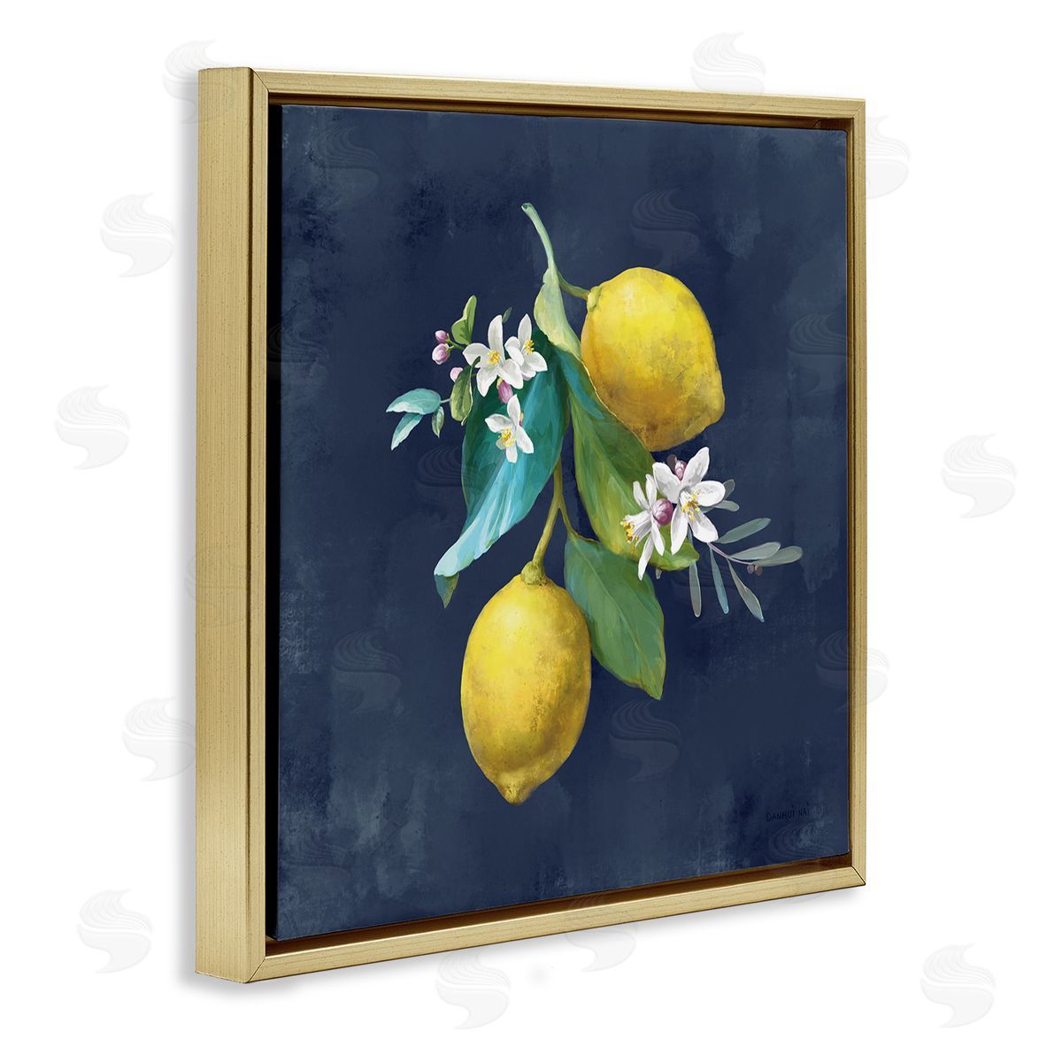 Danhui Nai Lemon Cluster on Blue Gold Floating Frame Canvas Wall Art Print