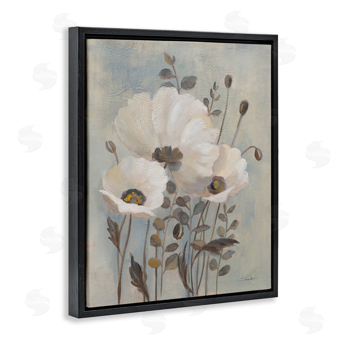 Silvia Vassileva Neutral Poppies Cluster Black Floating Frame Canvas Wall Art Print