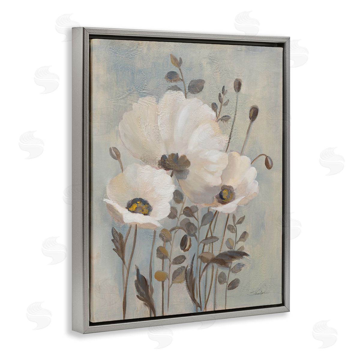 Silvia Vassileva Neutral Poppies Cluster Gray Floating Frame Canvas Wall Art Print