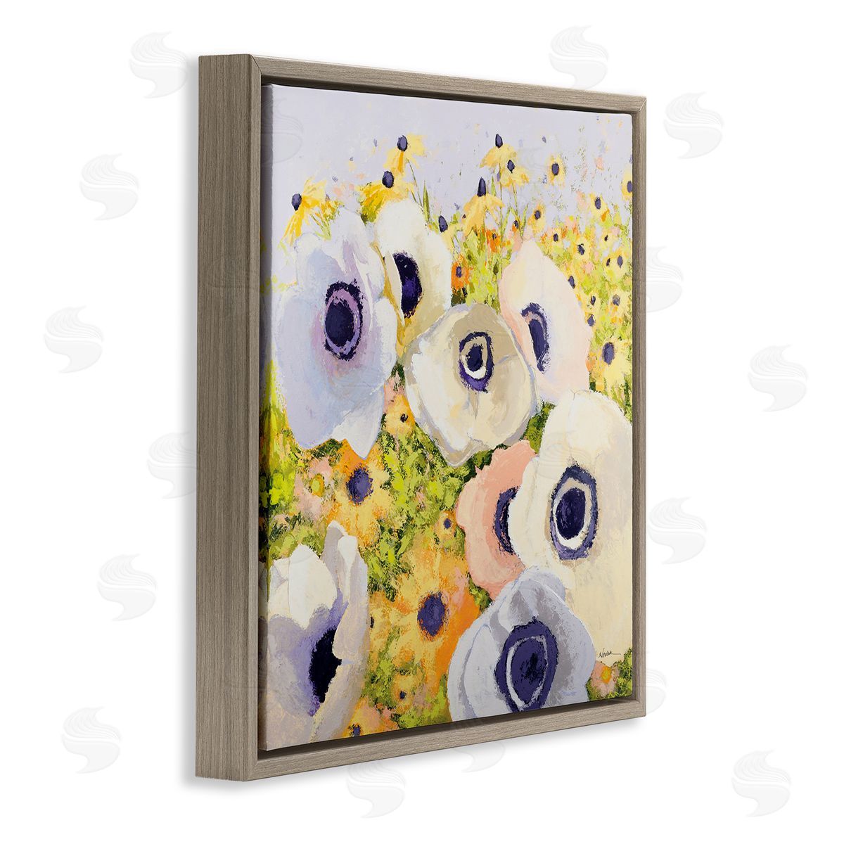 Shirley Novak Pastel Poppy Field Brown Floating Frame Canvas Wall Art Print