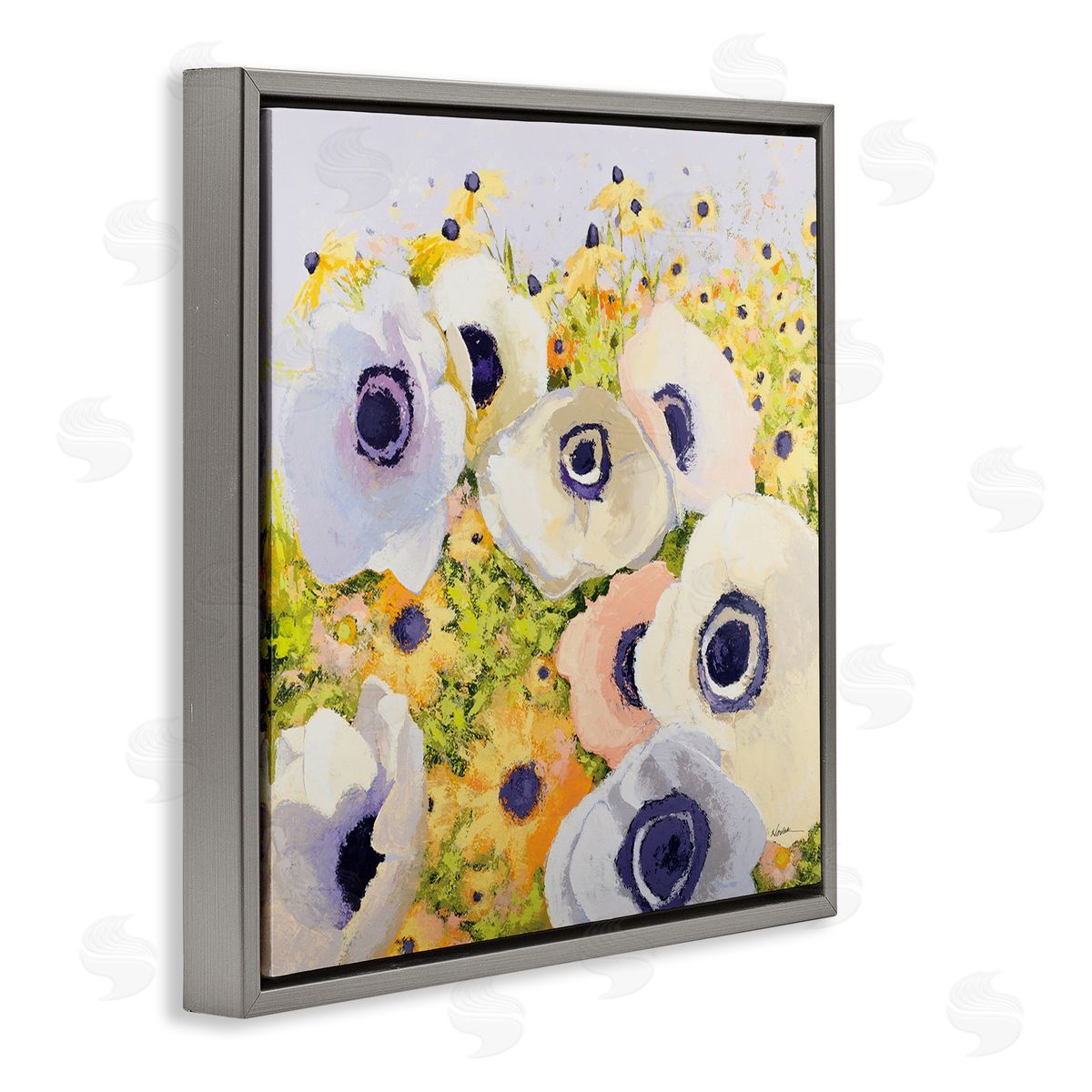 Shirley Novak Pastel Poppy Field Gray Floating Frame Canvas Wall Art Print