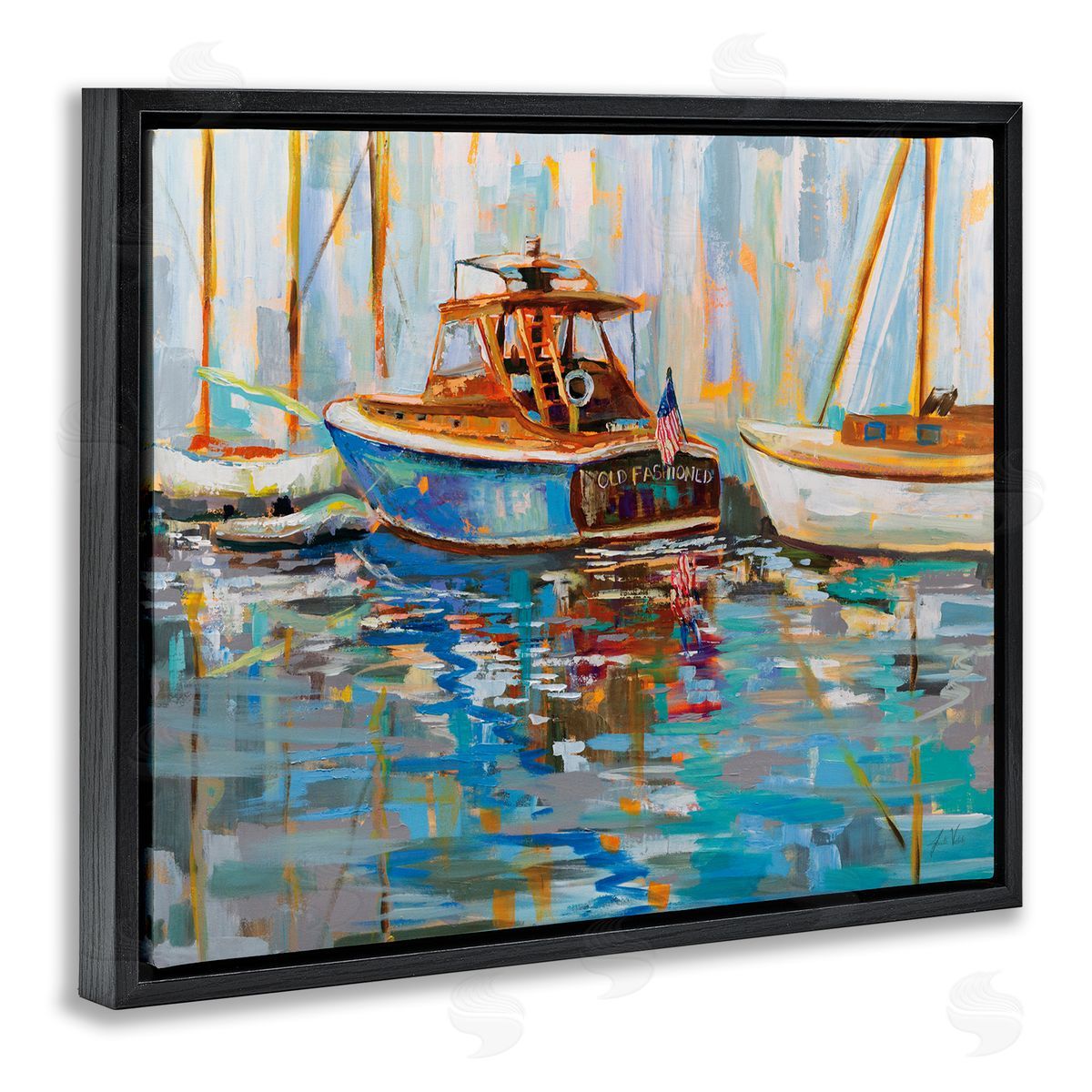 Jeanette Vertentes Old Fashioned Boat Harbor Black Floating Frame Canvas Wall Art Print