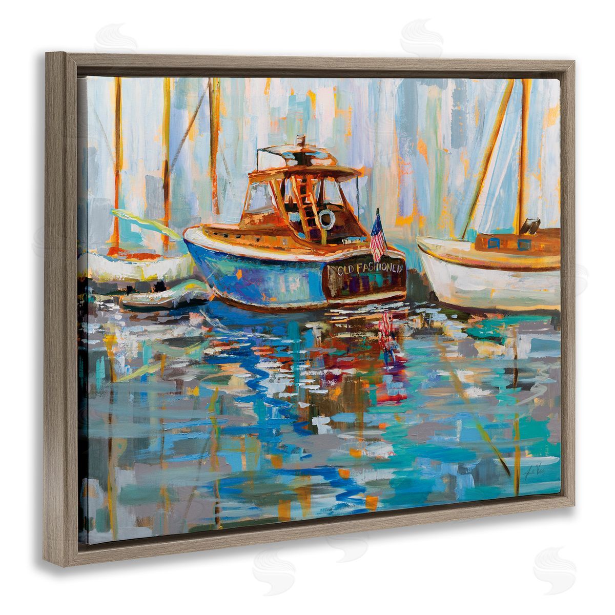 Jeanette Vertentes Old Fashioned Boat Harbor Brown Floating Frame Canvas Wall Art Print