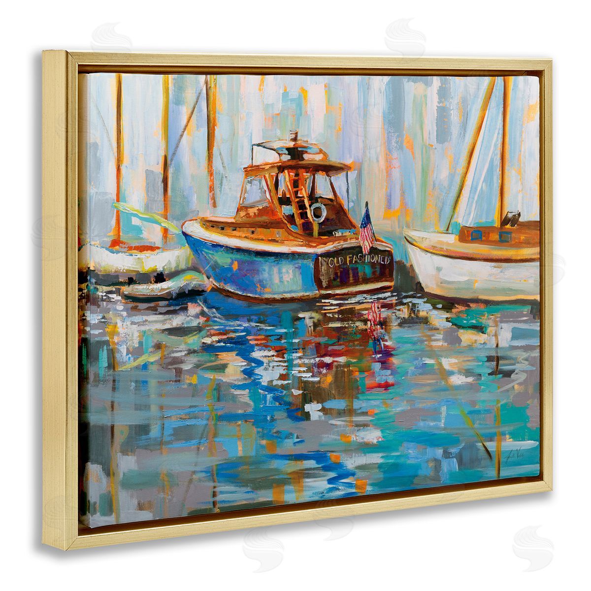 Jeanette Vertentes Old Fashioned Boat Harbor Gold Floating Frame Canvas Wall Art Print