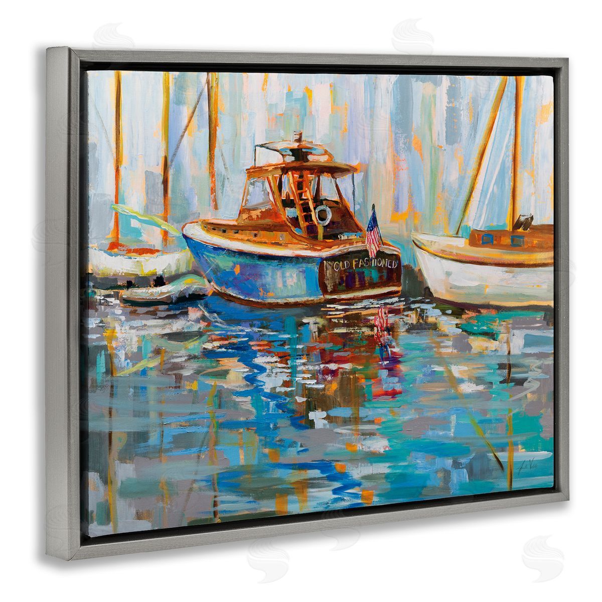 Jeanette Vertentes Old Fashioned Boat Harbor Gray Floating Frame Canvas Wall Art Print