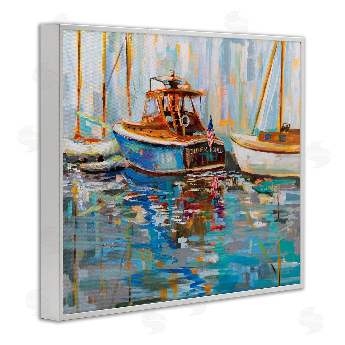 Jeanette Vertentes Old Fashioned Boat Harbor White Framed Giclee Wall Art Print
