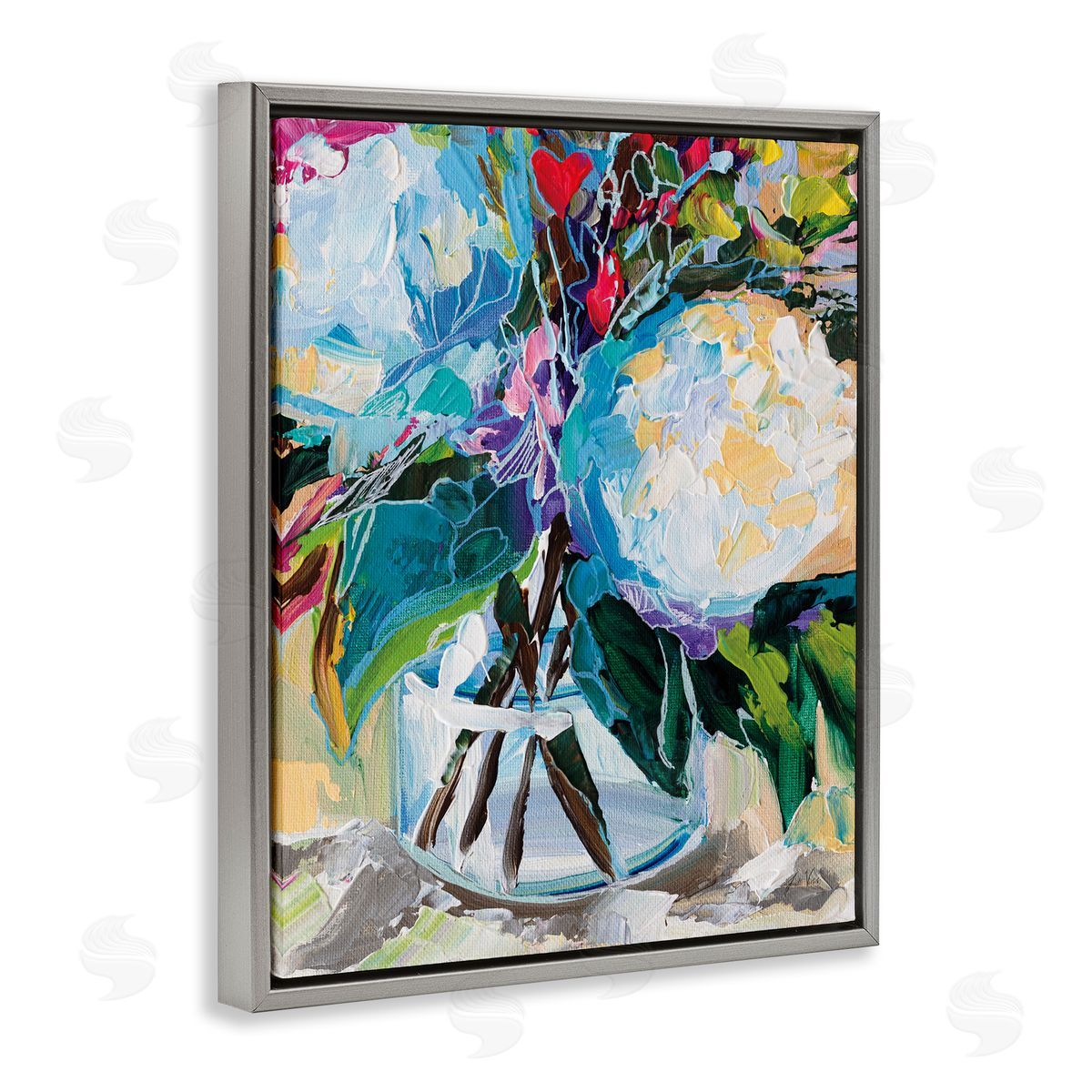 Jeanette Vertentes Modern Lined Bouquet Gray Floating Frame Canvas Wall Art Print