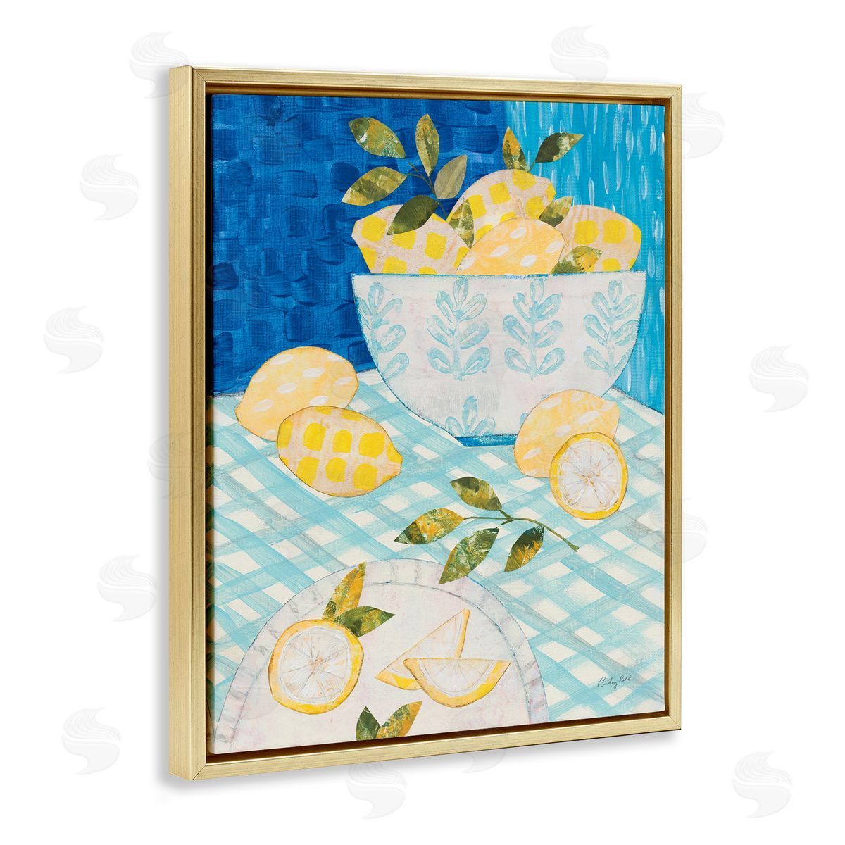 Courtney Prahl Patterned Lemons Tablescape Gold Floating Frame Canvas Wall Art Print