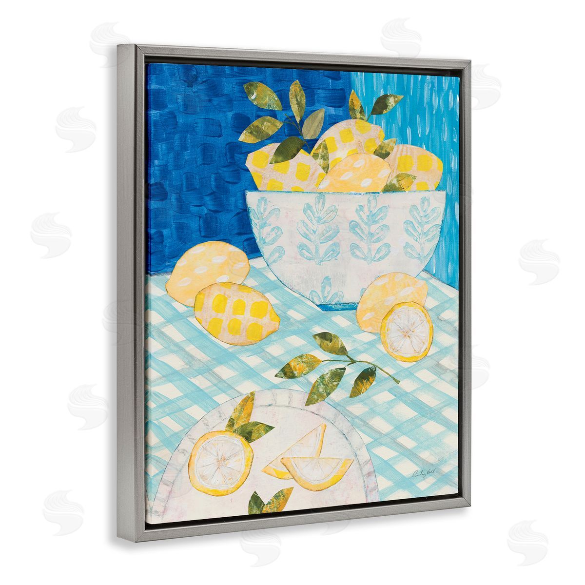 Courtney Prahl Patterned Lemons Tablescape Gray Floating Frame Canvas Wall Art Print