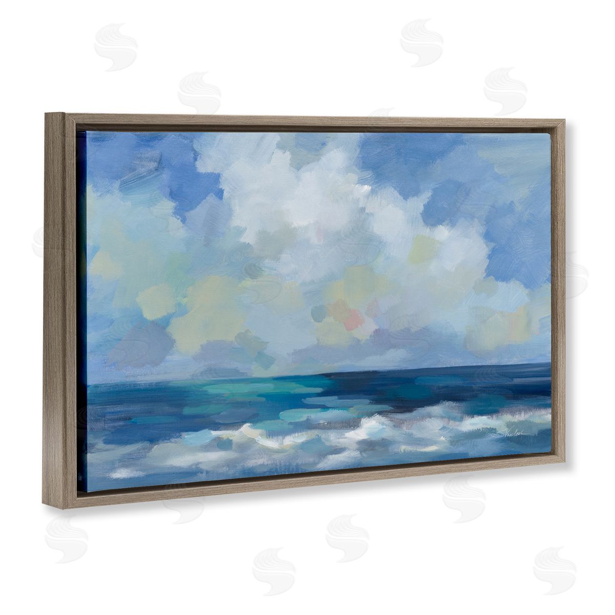 Silvia Vassileva Nautical Waves & Clouds Brown Floating Frame Canvas Wall Art Print