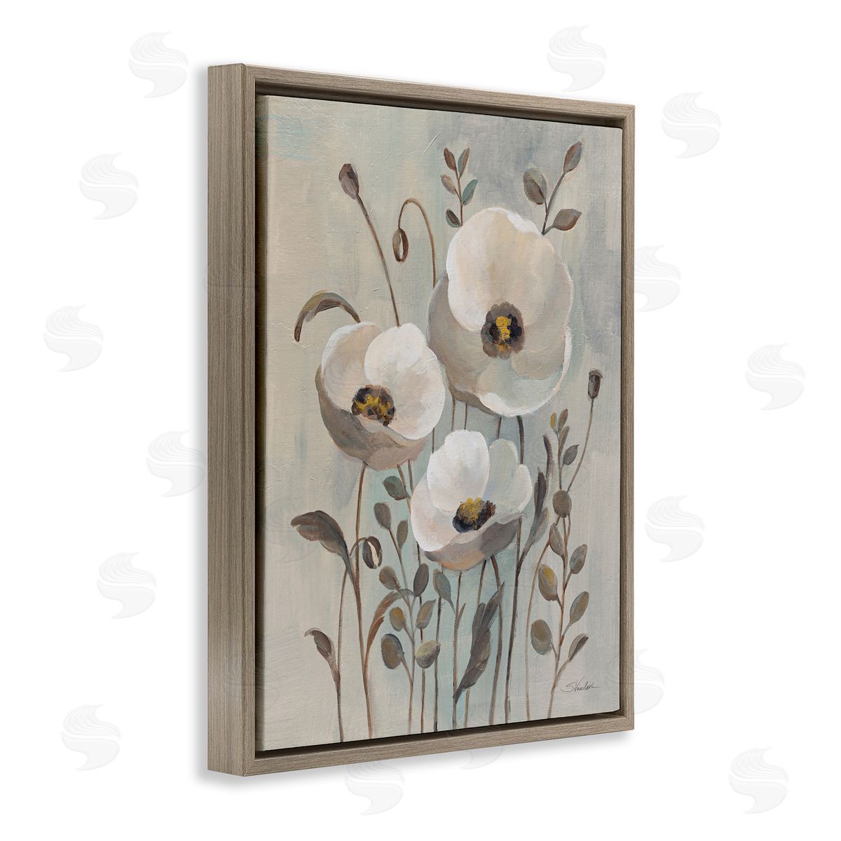 Silvia Vassileva Neutral Poppies Trio Brown Floating Frame Canvas Wall Art Print