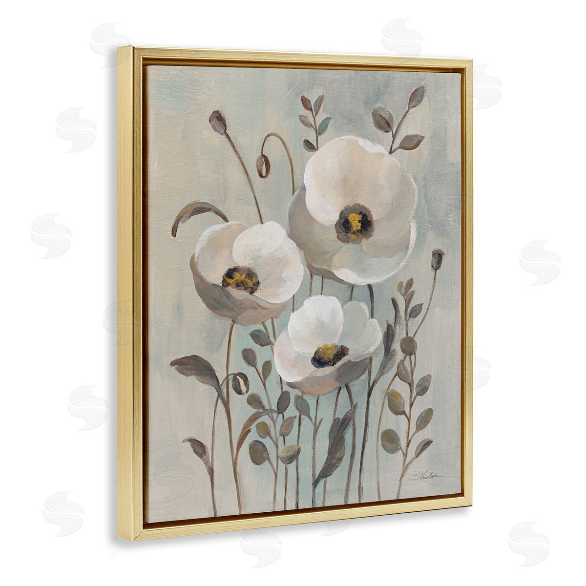 Silvia Vassileva Neutral Poppies Trio Gold Floating Frame Canvas Wall Art Print