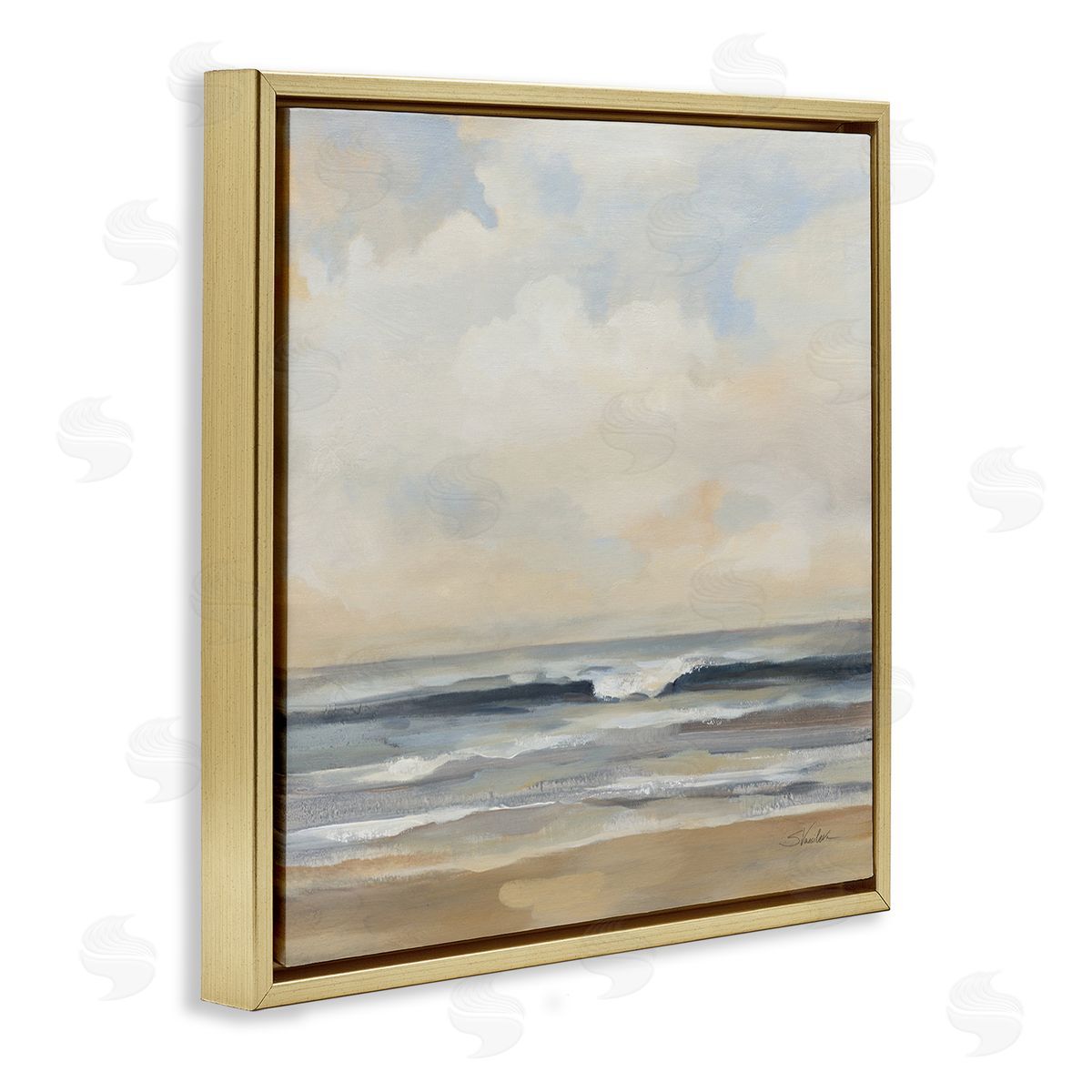 Silvia Vassileva Misty Haze Shoreline Gold Floating Frame Canvas Wall Art Print