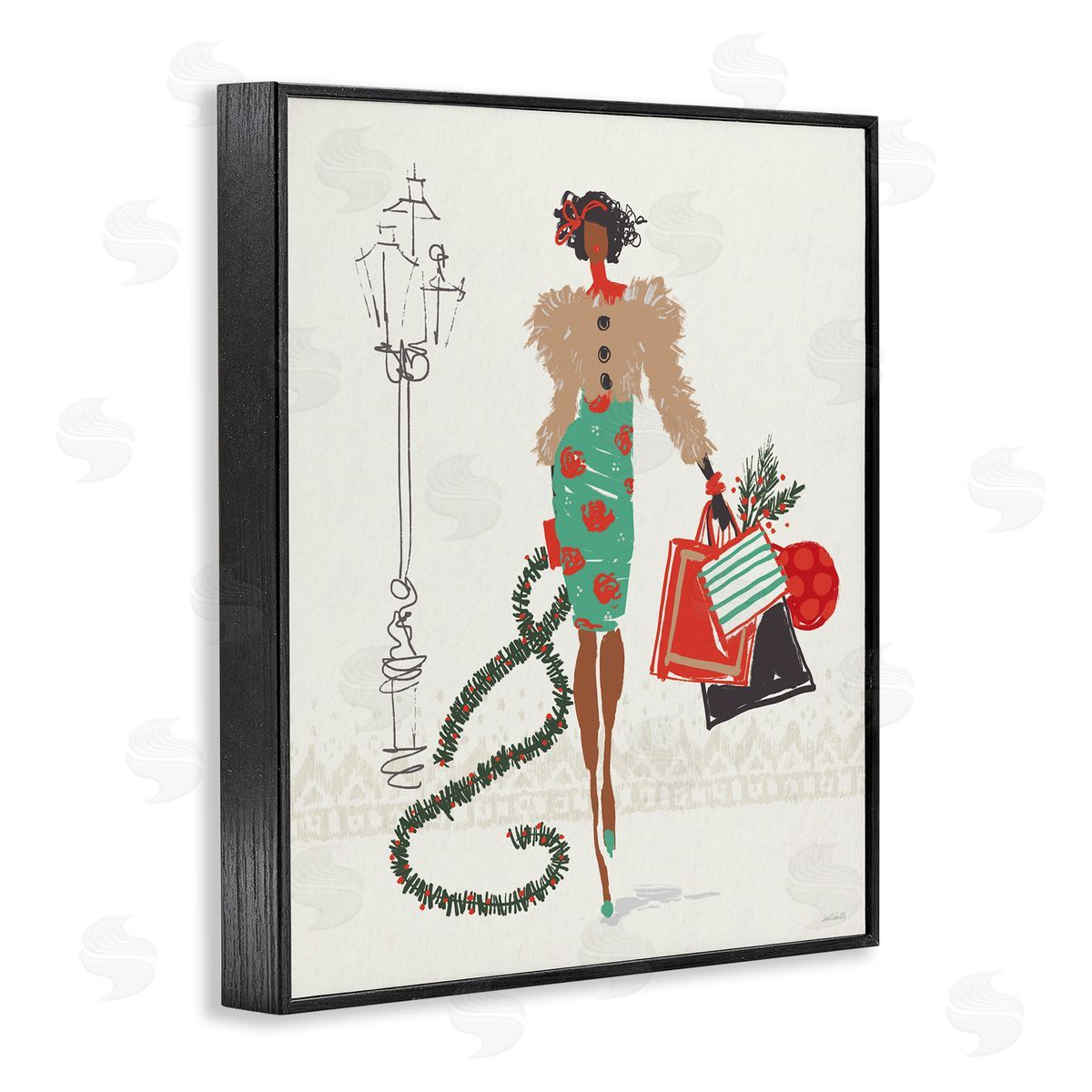 Festive Shopping Girl Black Frame Print Wall Art, Home Decor by Anne Tavoletti