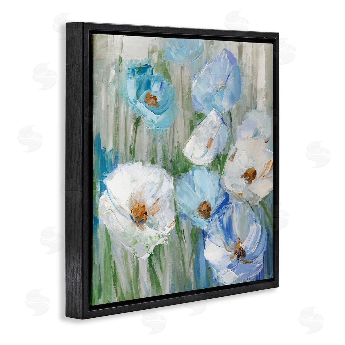 Sally Swatland Blue & White Poppies Black Floating Frame Canvas Wall Art Print