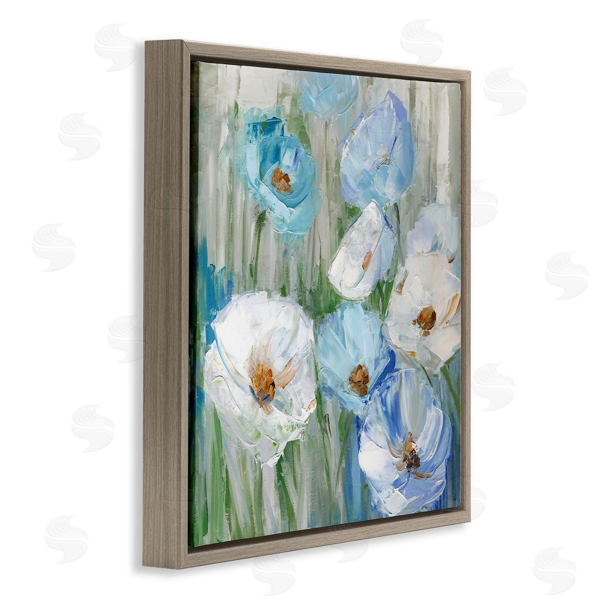 Sally Swatland Blue & White Poppies Brown Floating Frame Canvas Wall Art Print