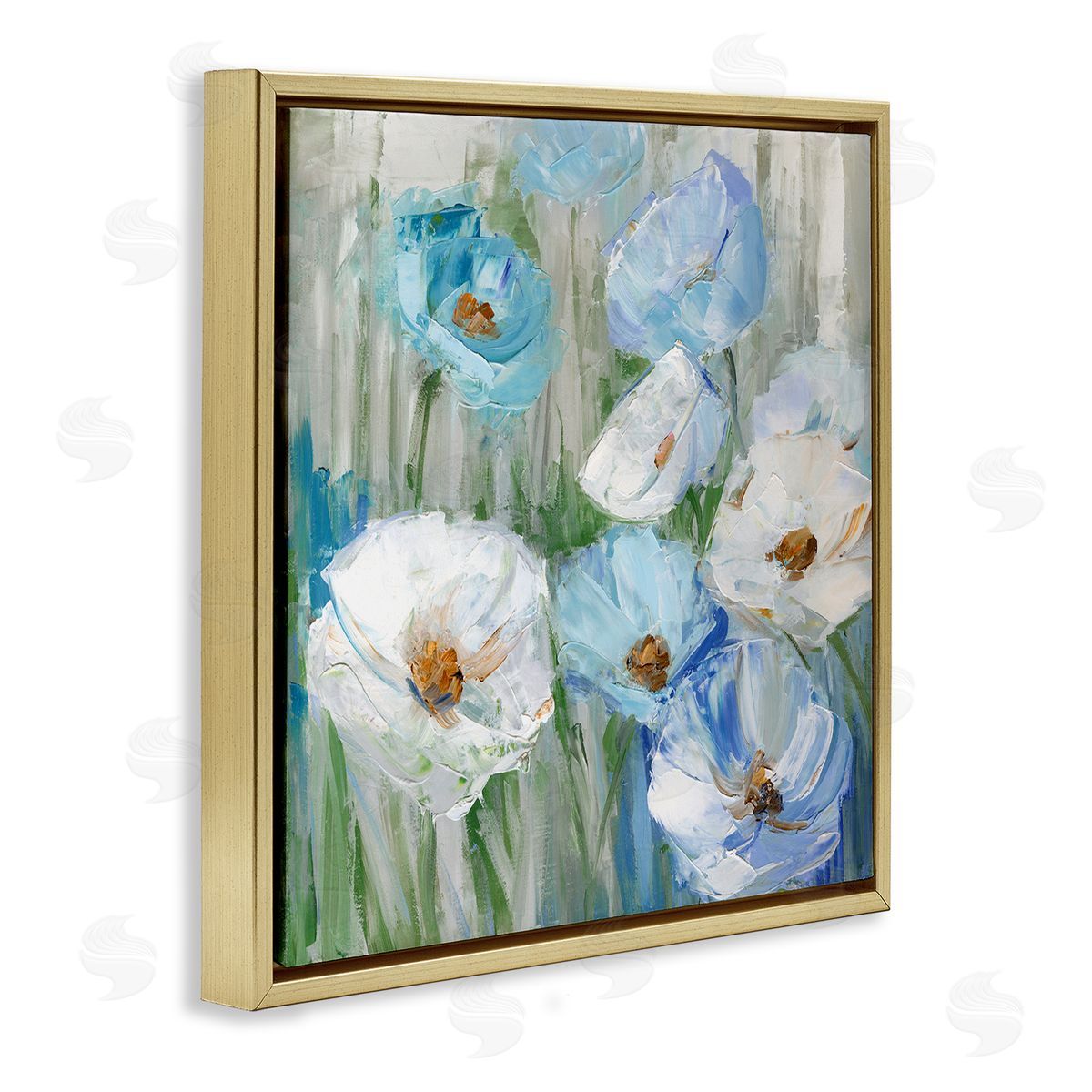 Sally Swatland Blue & White Poppies Gold Floating Frame Canvas Wall Art Print