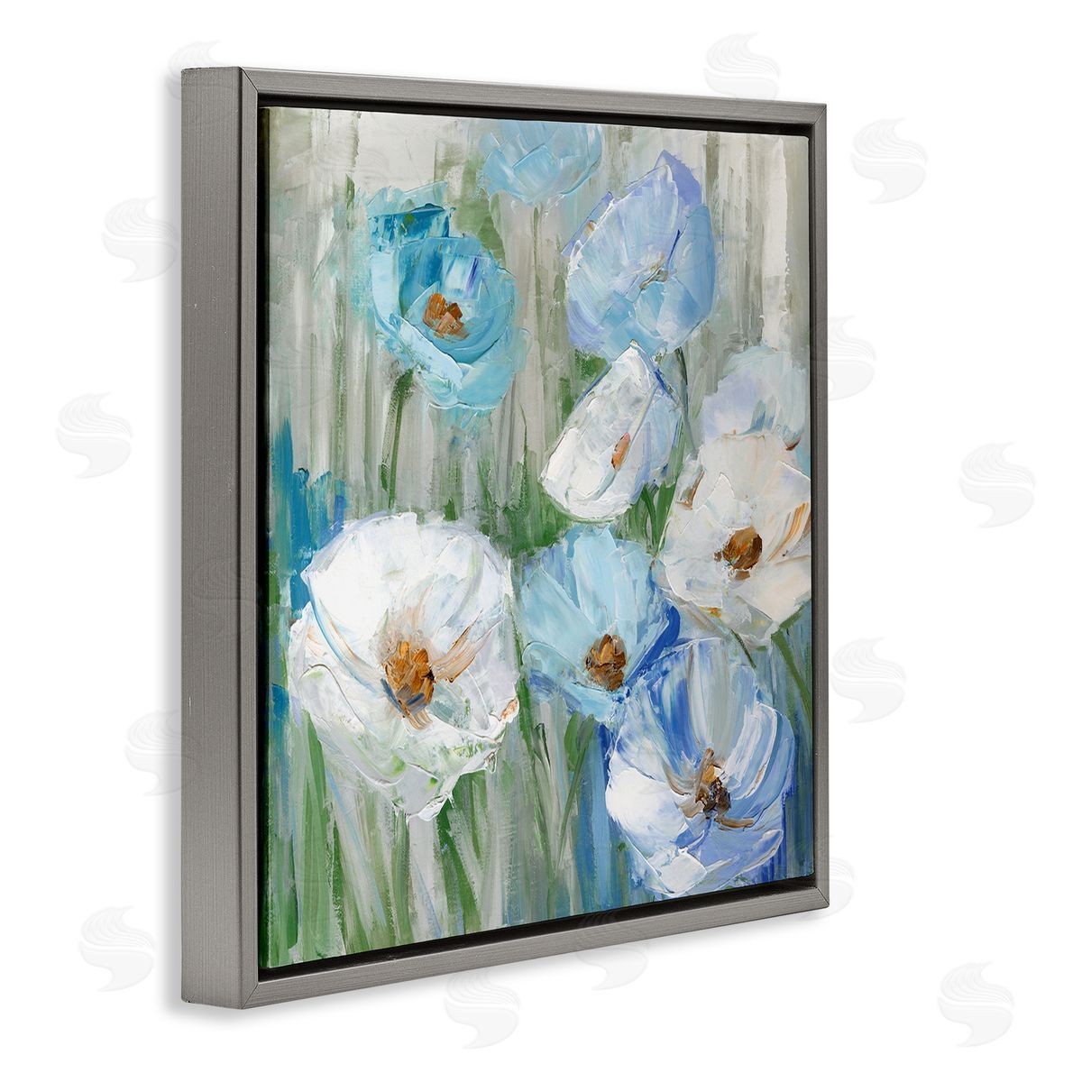Sally Swatland Blue & White Poppies Gray Floating Frame Canvas Wall Art Print
