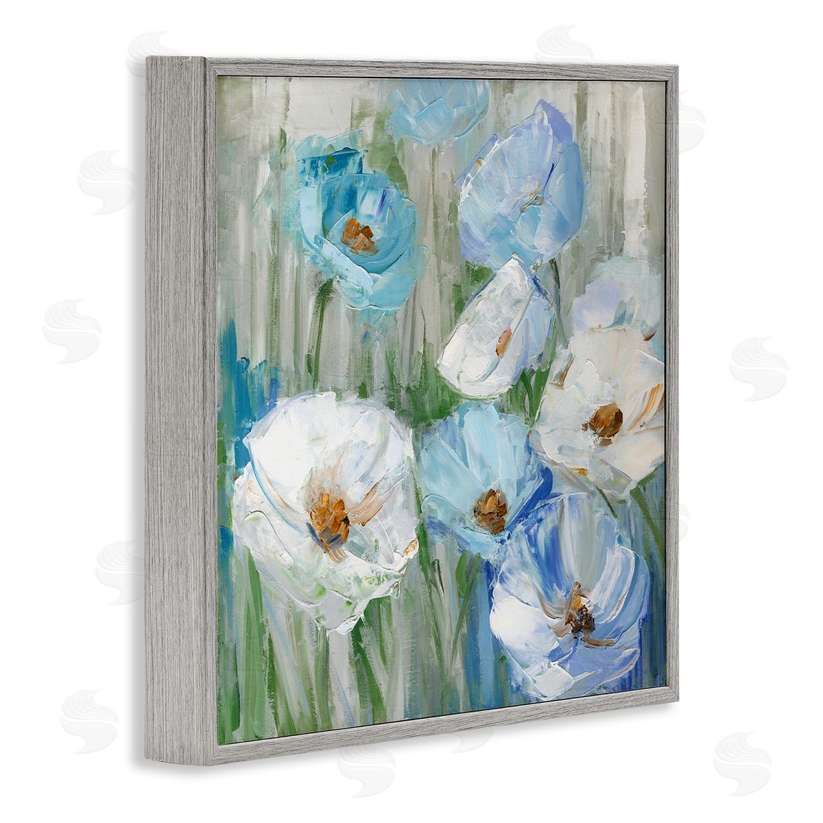 Sally Swatland Blue & White Poppies Gray Framed Giclee Wall Art Print