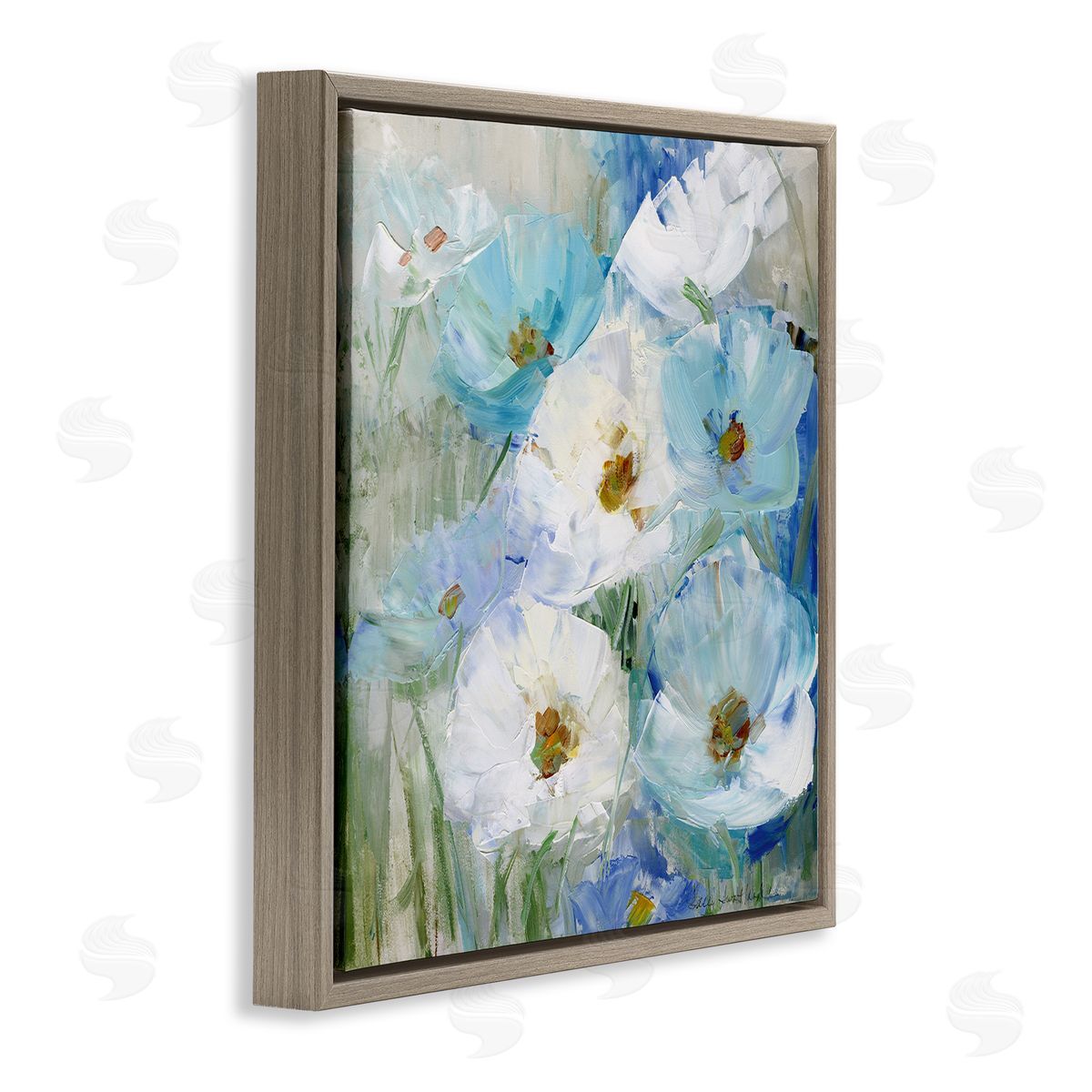 Sally Swatland Blue Spring Poppies Brown Floating Frame Canvas Wall Art Print