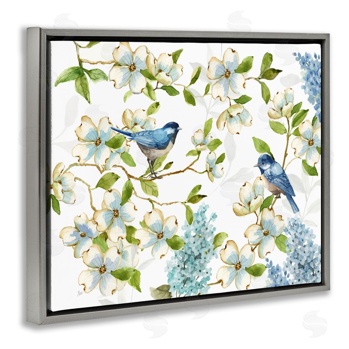 Nan Dogwood & Bluebirds Gray Floating Frame Canvas Wall Art Print