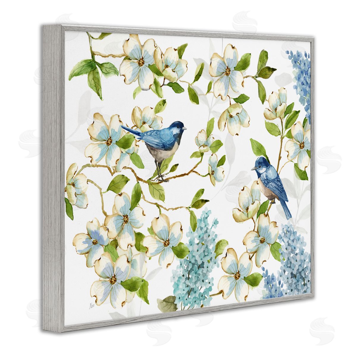 Nan Dogwood & Bluebirds Gray Framed Giclee Wall Art Print