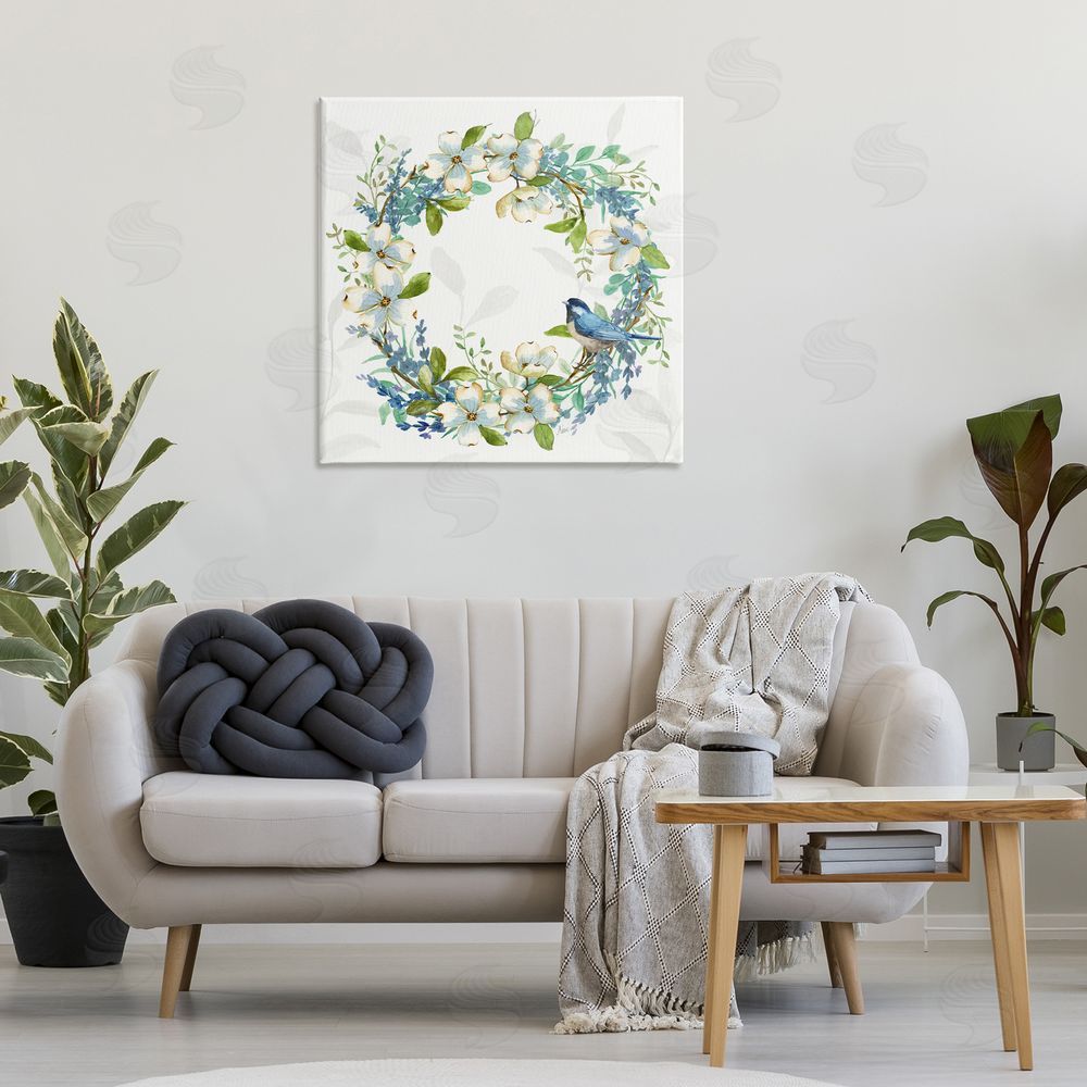 Nan Dogwood Wreath & Bluebirds Canvas Wall Art Print in Room