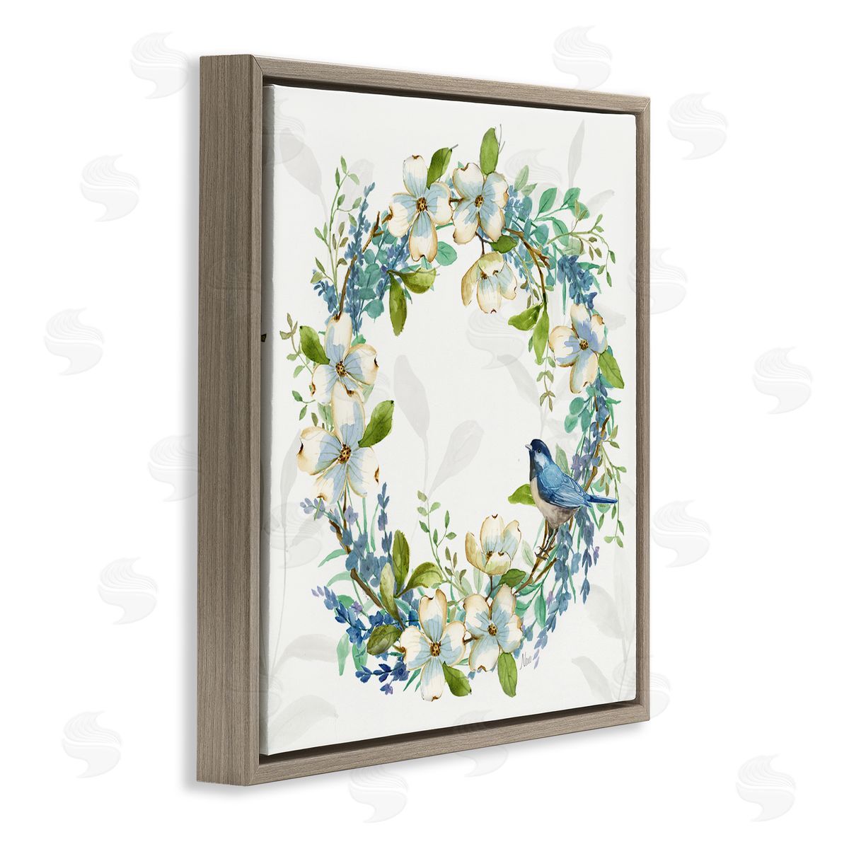 Nan Dogwood Wreath & Bluebirds Brown Floating Frame Canvas Wall Art Print
